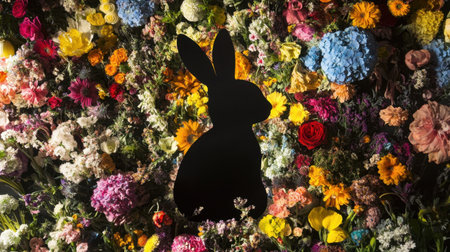 Easter bunny silhouette cutouts on a wall surrounded by floral arrangementsの素材