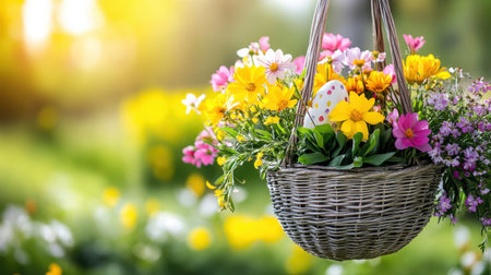 Easter egg in a hanging plant basket among spring flowersの素材