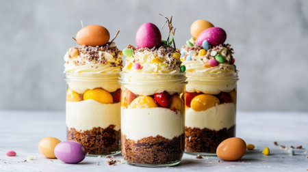 Easter dessert jars layered with cake, mousse, and mini egg toppingsの素材