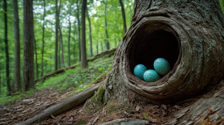 Easter eggs inside a hollow tree trunk in a scenic forest settingの素材