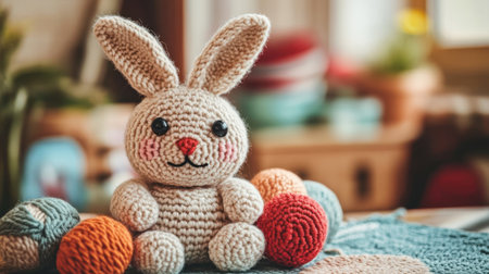 Easter bunny made of yarn with googly eyes and a pom-pom tail on a deskの素材