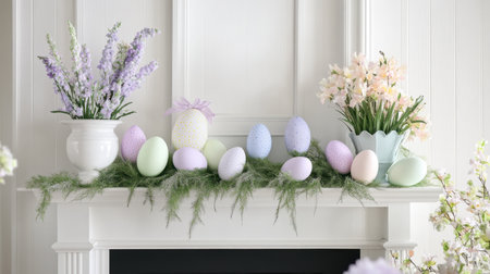 Easter garland with pastel-colored egg cutouts draped over a white fireplaceの素材
