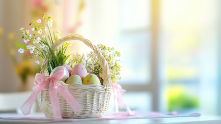 Easter egg basket centerpiece with pastel ribbons and floral accents on dining tableの素材
