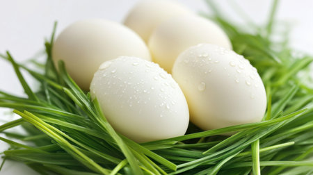 Easter eggs carefully arranged in a bed of soft spring grass with a touch of morning dewの素材