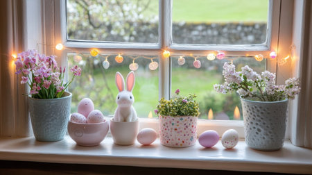 Easter-themed window sill decorated with egg candles, pastel garland, and bunny potsの素材