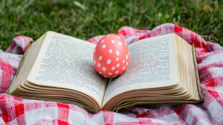 Easter egg between pages of an open book on picnic blanket in gardenの素材
