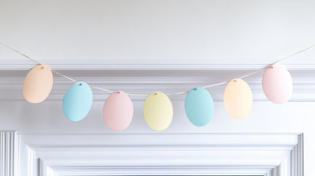 Easter garland with pastel-colored egg cutouts draped over a white fireplaceの素材