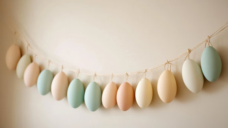 Easter egg garland strung across a wall with soft spring pastel colorsの素材