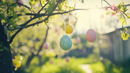 Easter eggs hanging from a tree branch with soft-focus spring garden backgroundの素材