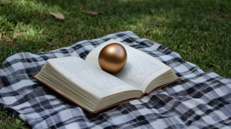 Easter egg between pages of an open book on picnic blanket in gardenの素材
