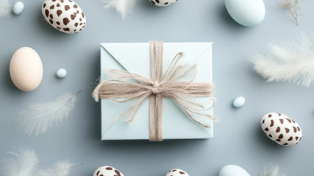 Greeting card surrounded by mini pastel eggs and soft feathersの素材