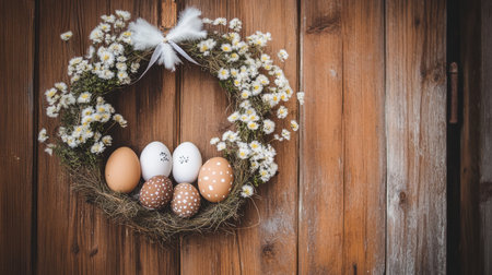 Easter wreath made with eggs, feathers, and flowers hanging on a rustic wooden doorの素材
