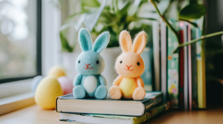 Felt bunny bookmarks peeking from Easter-themed childrens books on a tableの素材