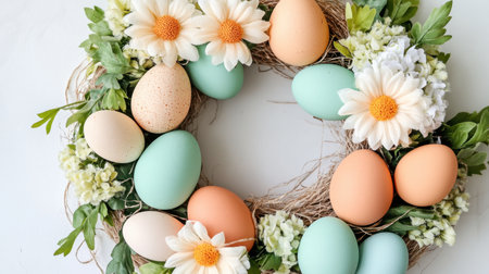Easter wreath craft in progress with colorful eggs, faux flowers, and twine on a white backgroundの素材