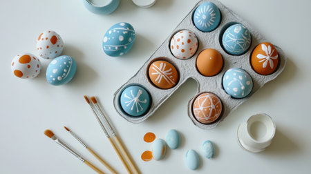 Flat lay of Easter egg painting supplies with partially decorated eggs on white tableの素材