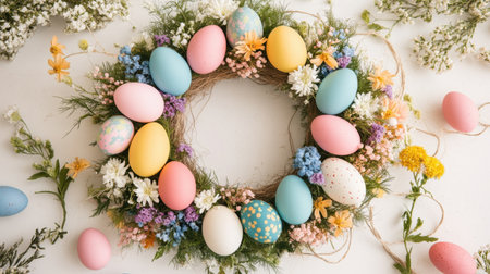 Easter wreath craft in progress with colorful eggs, faux flowers, and twine on a white backgroundの素材