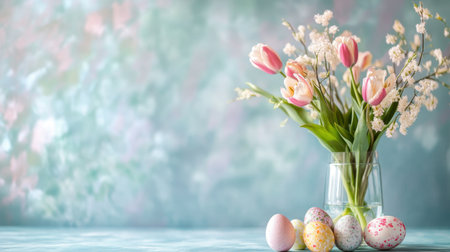 Easter table centerpiece with glass vase filled with decorated eggs and fresh tulipsの素材