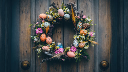 Easter wreath made with eggs, feathers, and flowers hanging on a rustic wooden doorの素材