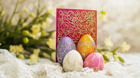 Greeting card with foil-stamped Easter design, placed on a white lace tableclothの素材