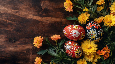 Hand-painted Easter eggs with floral patterns resting on a rustic wooden tableの素材