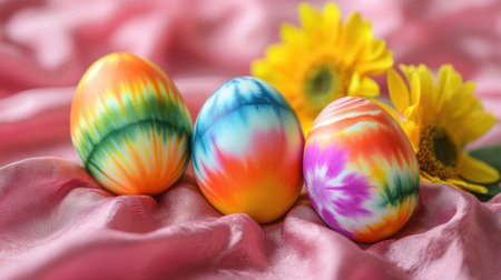 Group of tie-dye style Easter eggs on a textured fabric background with floral decorの素材