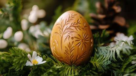 Hand-carved wooden Easter eggs with natural patterns and polishの素材
