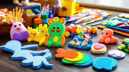 Foam sheet Easter cutouts in bright colors ready for assembly into festive craftsの素材