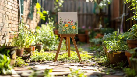 Floral Easter card leaning on small easel with garden setting in backgroundの素材