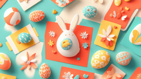 Flat lay of assorted Easter cards with modern typography and spring graphicsの素材