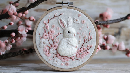 Embroidery hoop Easter craft with bunny silhouette and floral pattern in soft threadの素材