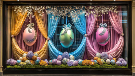 Festive window display featuring colorful paper eggs and pastel drapesの素材