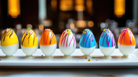 Handcrafted chocolate eggs with colorful drizzle displayed on a dessert trayの素材