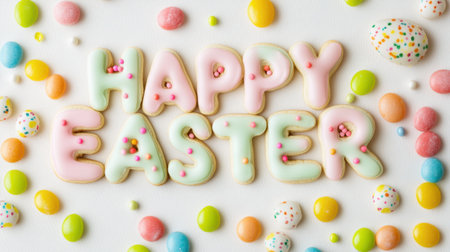 Frosted sugar cookies spelling out HAPPY EASTER surrounded by jellybeansの素材