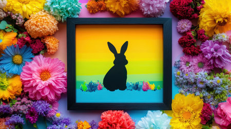 Framed bunny silhouette art surrounded by spring flowers and pastelsの素材