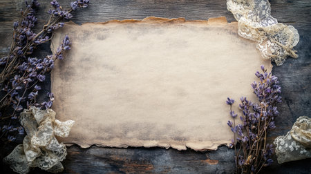Handmade Easter greeting card on a wooden desk with dried flowers and lace ribbonの素材