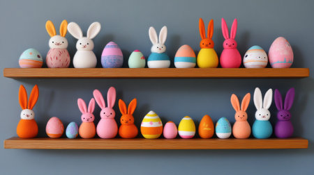 Miniature felt bunny figures arranged with colorful eggs on a wooden shelfの素材