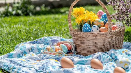 Outdoor Easter picnic scene with a decorated blanket, basket, and festive treatsの素材