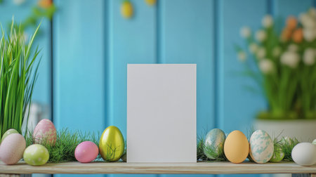Pastel greeting card standing on wooden shelf among Easter trinketsの素材
