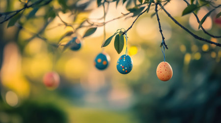 Outdoor hanging Easter eggs from a tree branch with blurred garden backgroundの素材