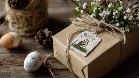 Kraft paper Easter gift tags with egg and bunny motifs, twine, and stampsの素材