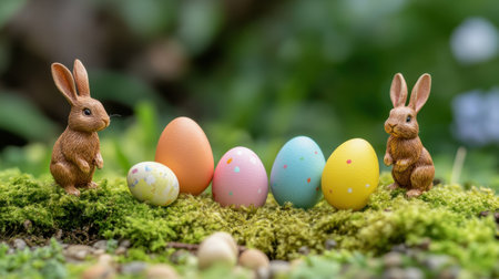 Miniature egg garden scene with moss, tiny bunnies, and colorful eggsの素材