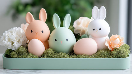 Pastel foam bunnies and eggs arranged in a tray with artificial moss and faux flowersの素材