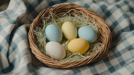 Natural jute Easter basket on checkered cloth filled with paper grass and muted-tone eggsの素材