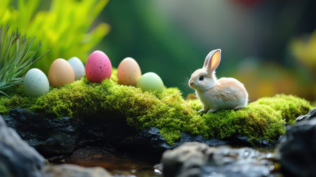 Miniature egg garden scene with moss, tiny bunnies, and colorful eggsの素材