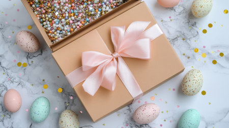 Pastel Easter card in a gift box with confetti and satin ribbonの素材