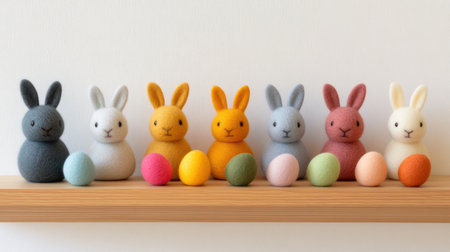 Miniature felt bunny figures arranged with colorful eggs on a wooden shelfの素材