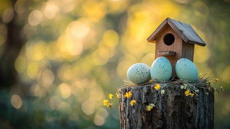 Pastel eggs beside a small birdhouse on a wooden stump in a parkの素材