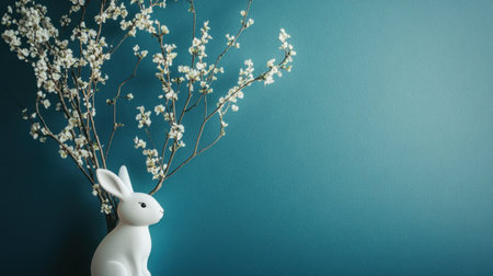 Modern Easter greeting card with minimalist bunny silhouette and spring branchesの素材