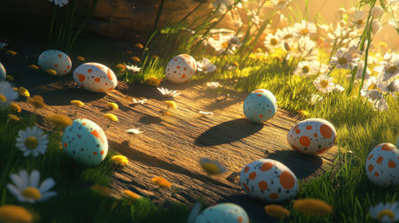 Pastel Easter eggs scattered across a wooden table with vibrant green grass and spring flowers surrounding themの素材