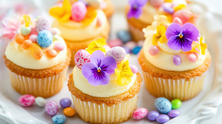 Mini cheesecakes topped with edible flowers and pastel Easter candyの素材